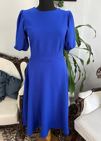 Kadın Mavi Uzun Elbise, Kısa Kollu, Sade - Görsel 3