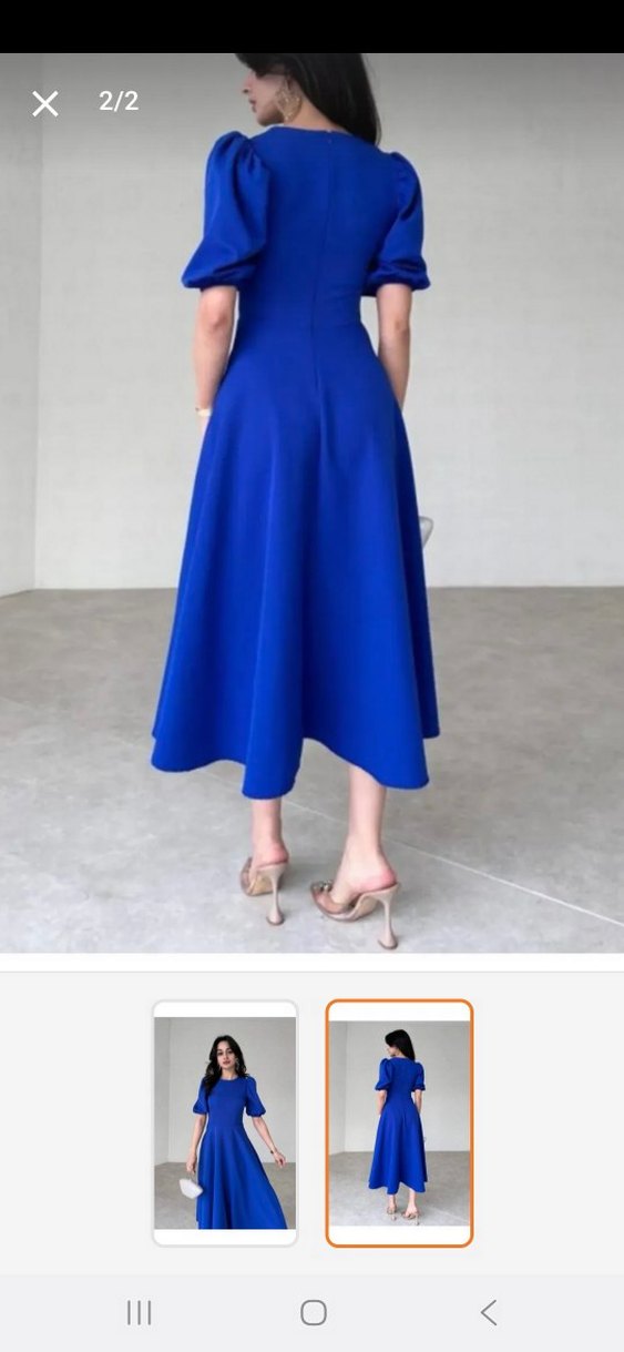Kadın Mavi Uzun Elbise, Kısa Kollu, Sade - Görsel 2