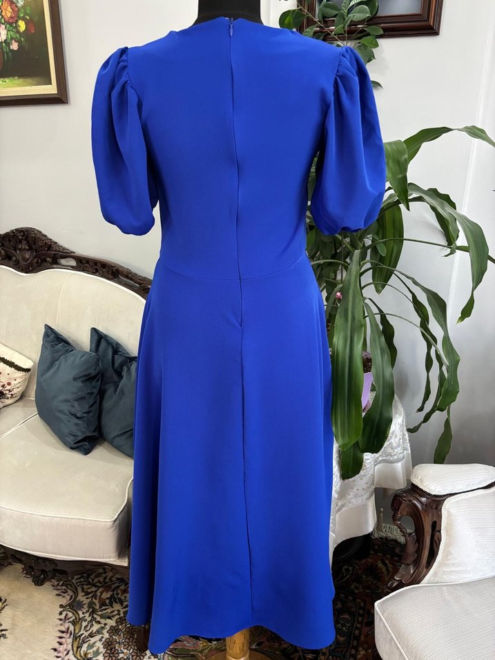 Kadın Mavi Uzun Elbise, Kısa Kollu, Sade - Görsel 5