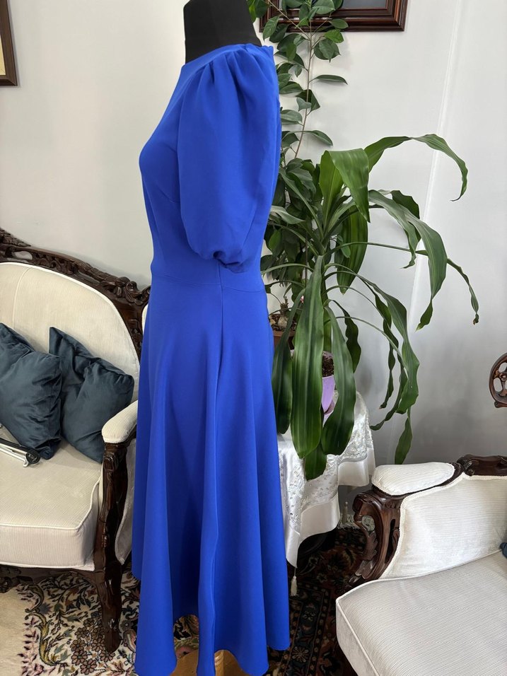 Kadın Mavi Uzun Elbise, Kısa Kollu, Sade - Görsel 4