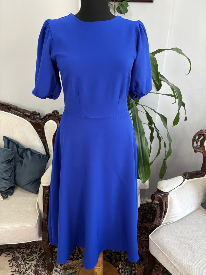 Kadın Mavi Uzun Elbise, Kısa Kollu, Sade - Görsel 3