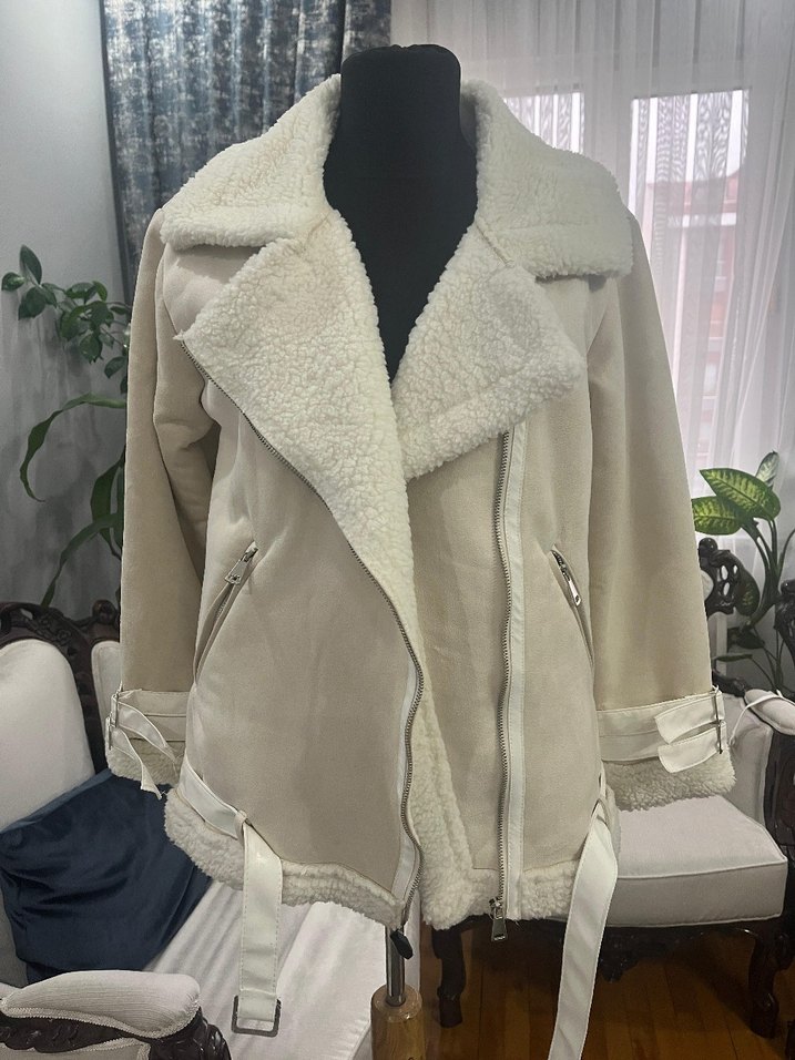 Kürk Detaylı Bej Süet Kadın Ceket - Görsel 5