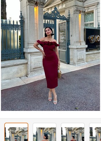 Bordo Midi Renkli Fırfırlı Elbise - Görsel 3