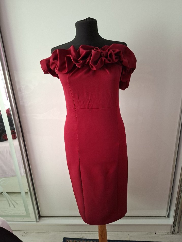 Bordo Midi Renkli Fırfırlı Elbise - Görsel 4