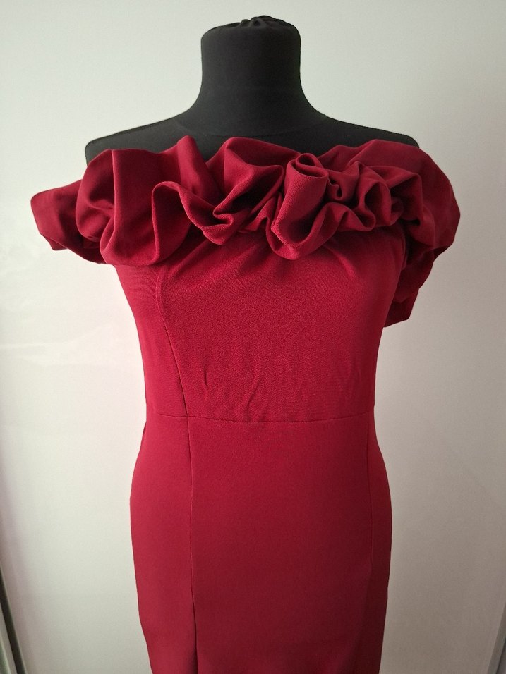 Bordo Midi Renkli Fırfırlı Elbise - Görsel 5