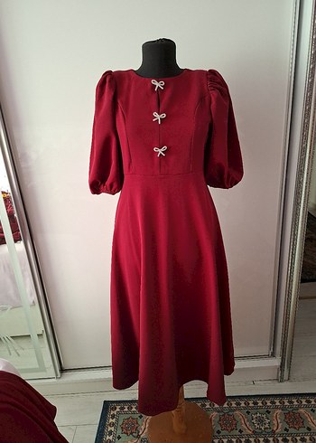 Bordo fiyonk detaylı midi Kadın Elbise