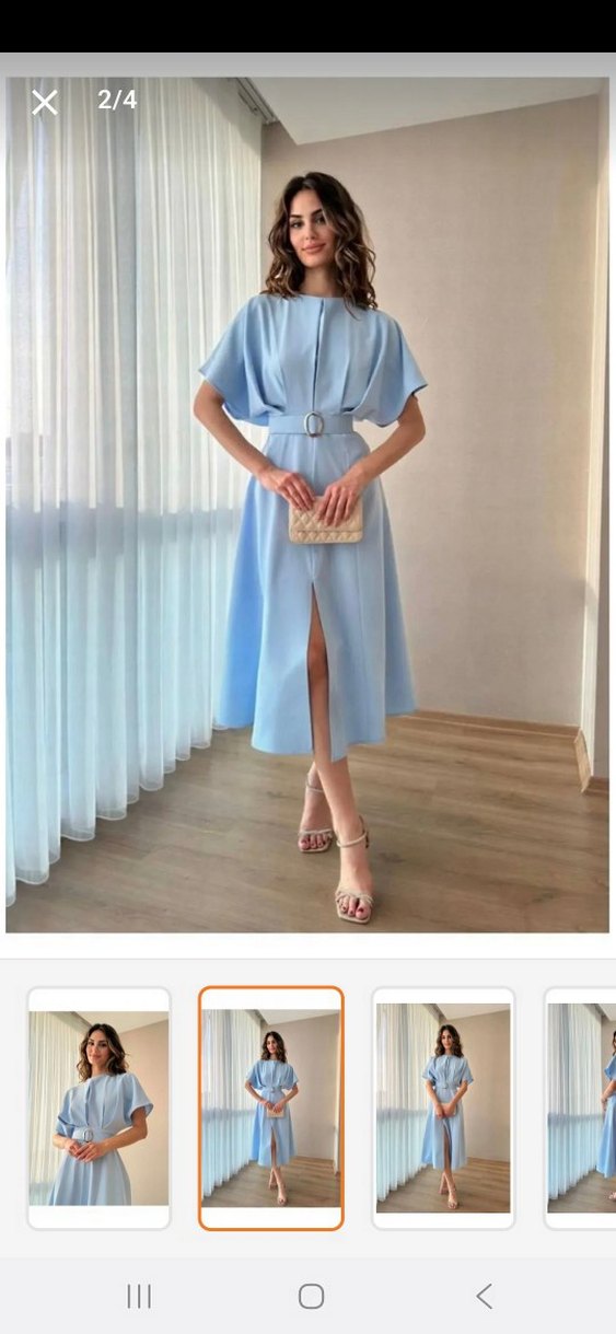 Mavi  Pilili Uzun Kadın Elbise - Görsel 2