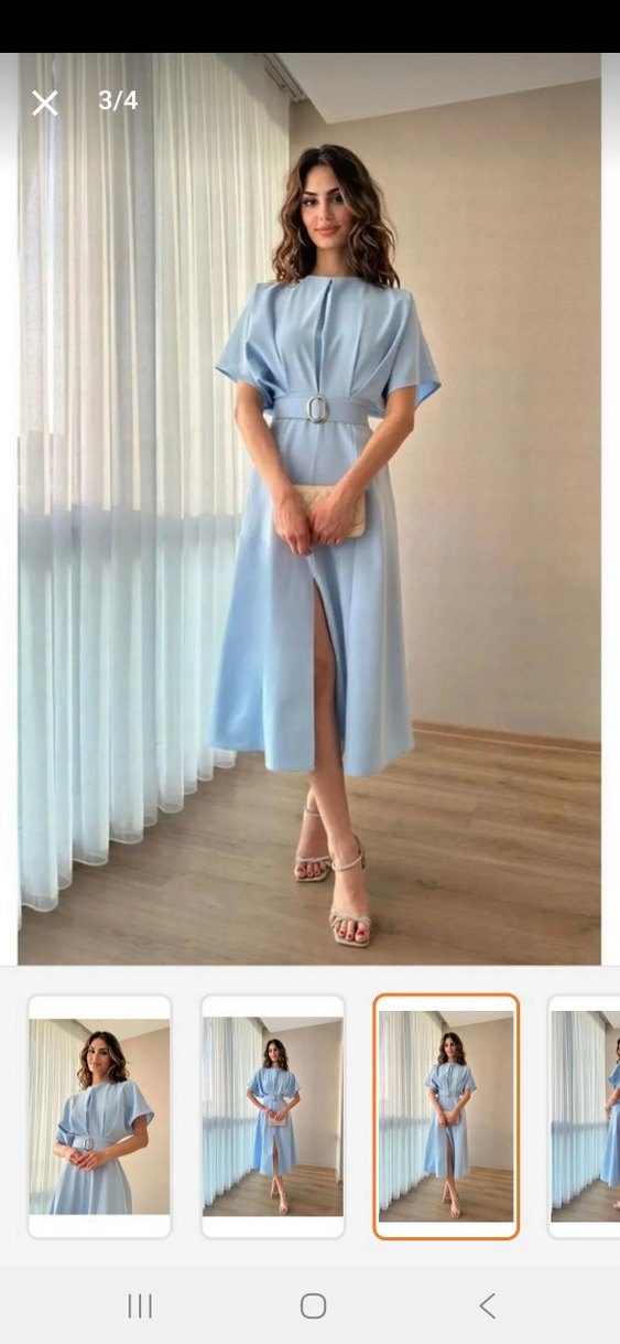 Mavi  Pilili Uzun Kadın Elbise - Görsel 4