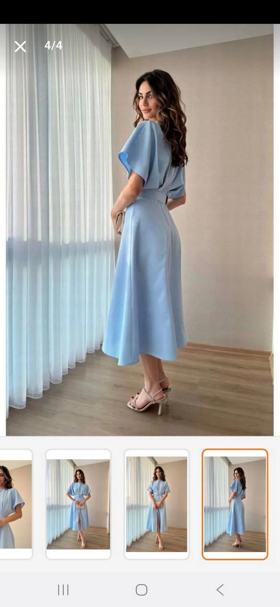 Mavi  Pilili Uzun Kadın Elbise - Görsel 3