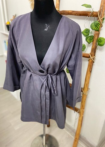 Düğmeli Gri Midi Kadın Ceket - Görsel 5