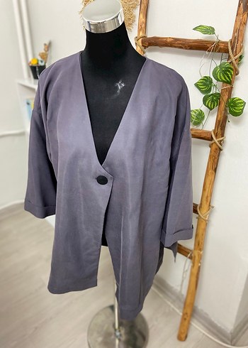 Düğmeli Gri Midi Kadın Ceket - Görsel 2