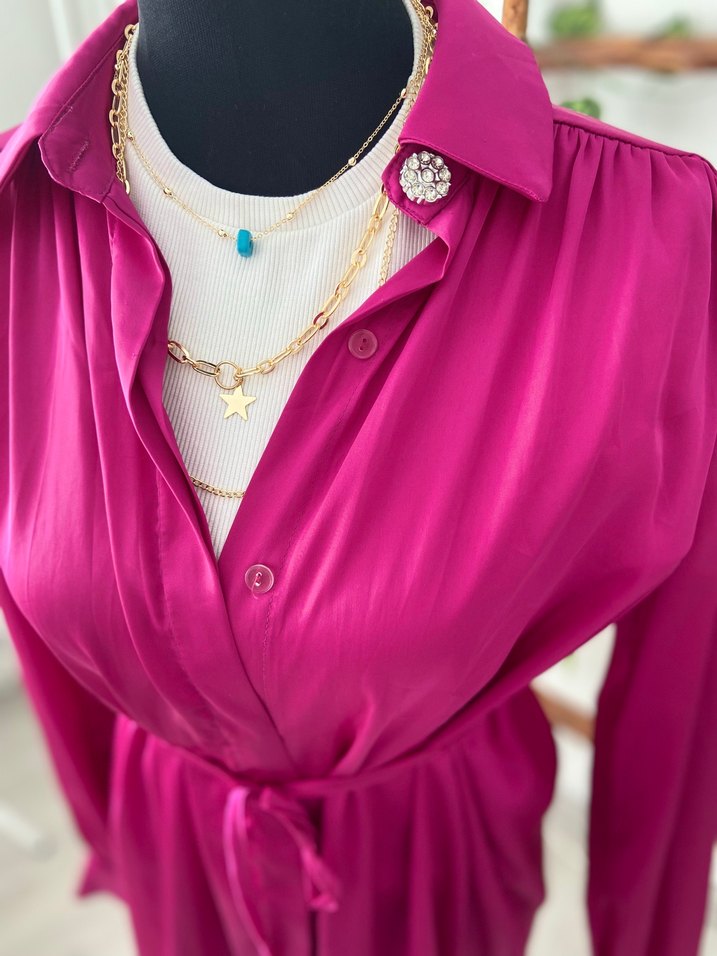 Saten Pembe Uzun Kollu Gömlek - Görsel 2