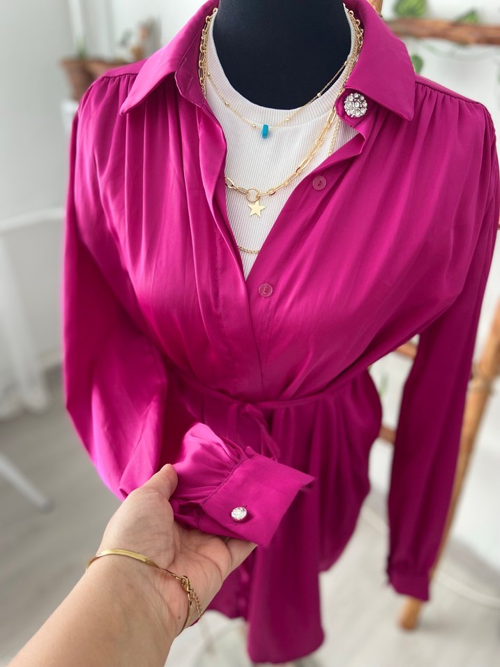 Saten Pembe Uzun Kollu Gömlek - Görsel 3