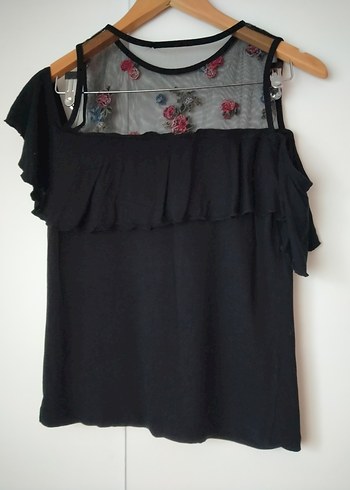 Nakışlı Siyah Straplez Volanlı Bluz - Görsel 3