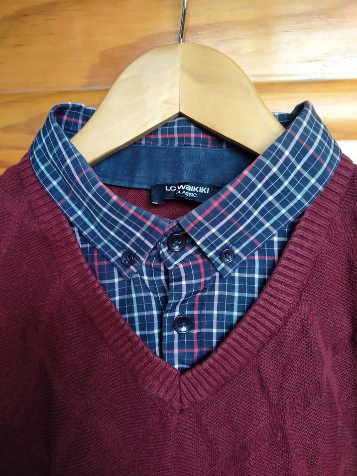 Bordo V Yaka Pamuklu Erkek Kazak - Görsel 3