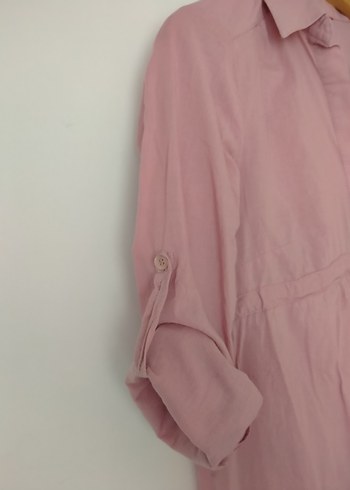 Düğmeli Pembe Keten Uzun Kollu Gömlek - Görsel 2