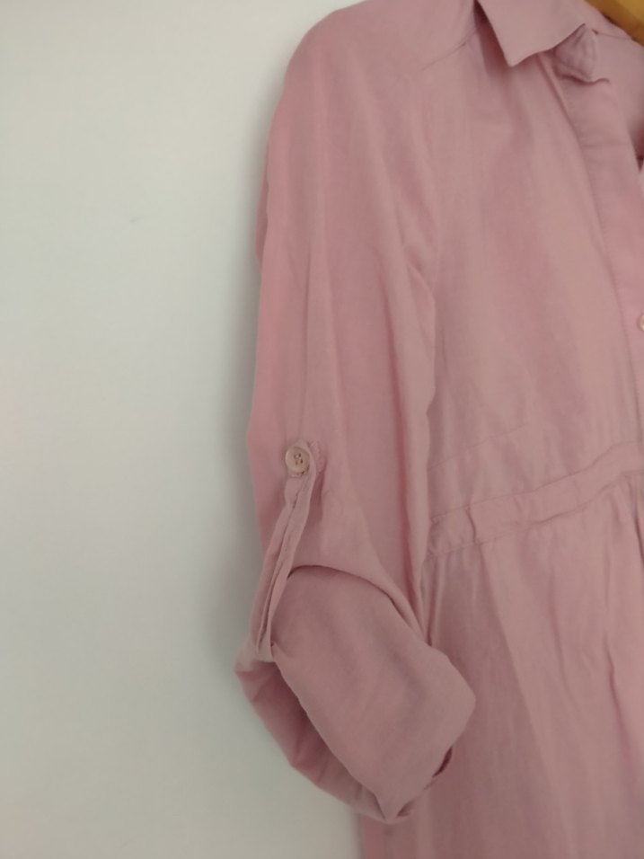 Düğmeli Pembe Keten Uzun Kollu Gömlek - Görsel 2