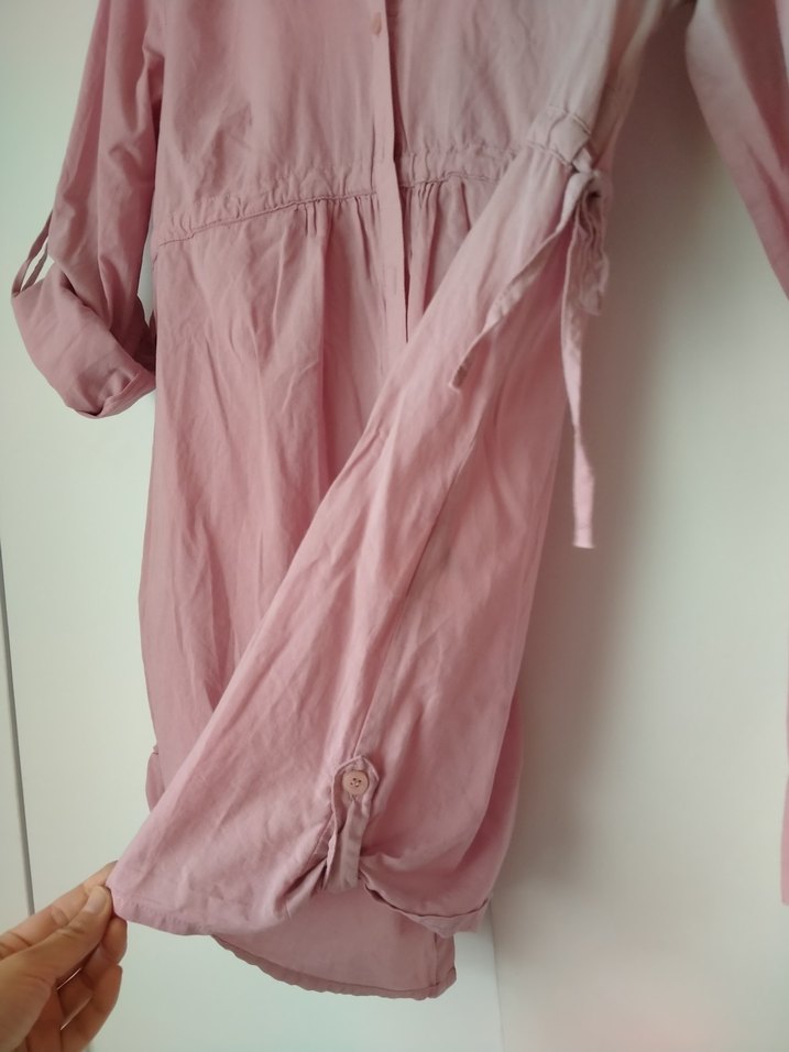 Düğmeli Pembe Keten Uzun Kollu Gömlek - Görsel 3