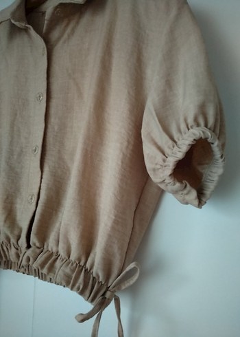 Bej Kısa Kollu Keten Gömlek - Görsel 3