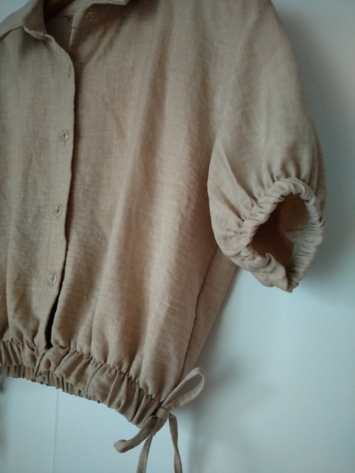Bej Kısa Kollu Keten Gömlek - Görsel 3
