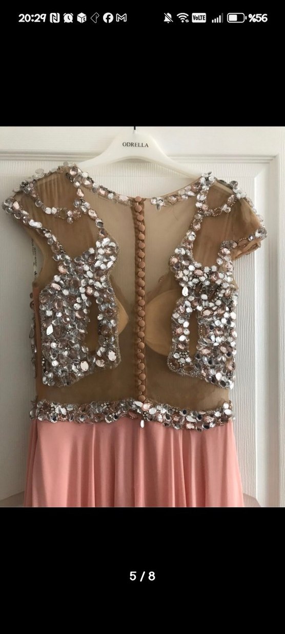 Pullu V Yakalı Pembe Uzun Abiye Elbise - Görsel 3