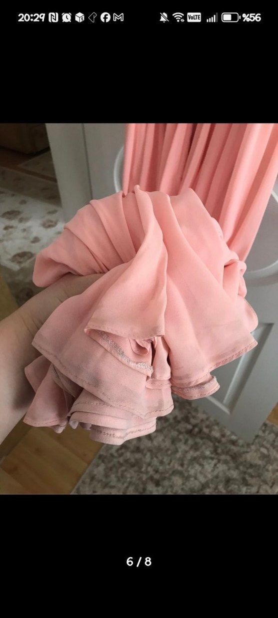 Pullu V Yakalı Pembe Uzun Abiye Elbise - Görsel 5