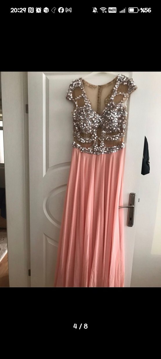 Pullu V Yakalı Pembe Uzun Abiye Elbise - Görsel 2