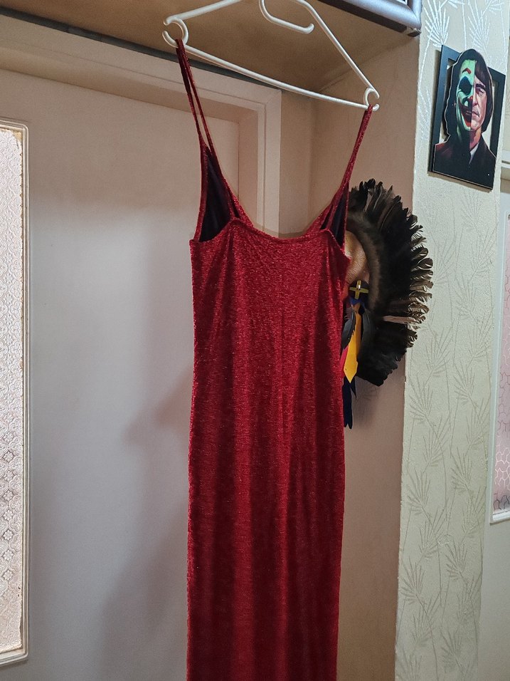 Kırmızı Drapeli V Yakalı Midi Elbise - Görsel 4