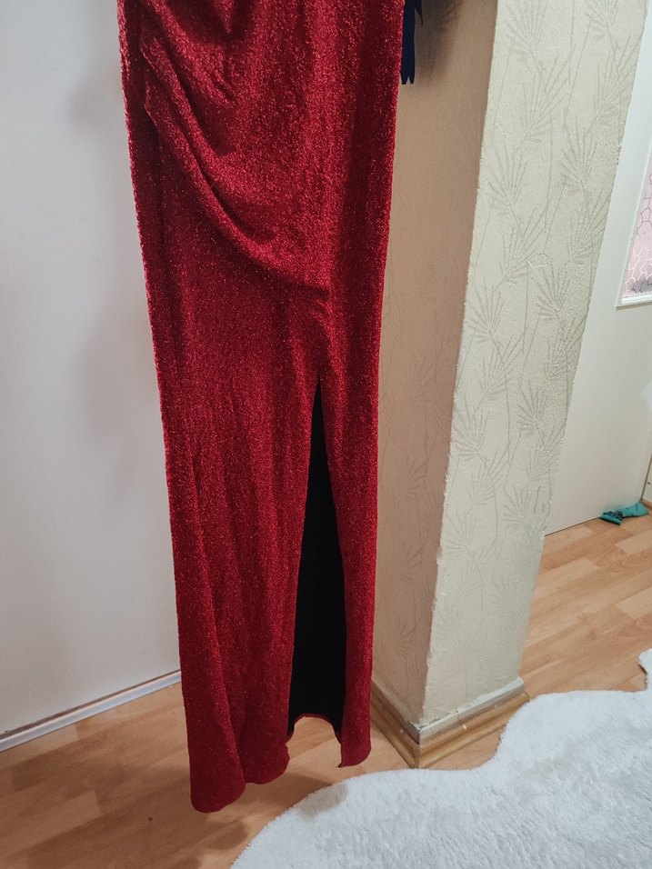 Kırmızı Drapeli V Yakalı Midi Elbise - Görsel 3