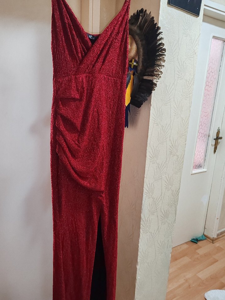 Kırmızı Drapeli V Yakalı Midi Elbise - Görsel 2