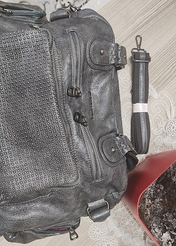 Gri Deri Kadın Çanta, Tokalı, yıkamalı deri - Görsel 2