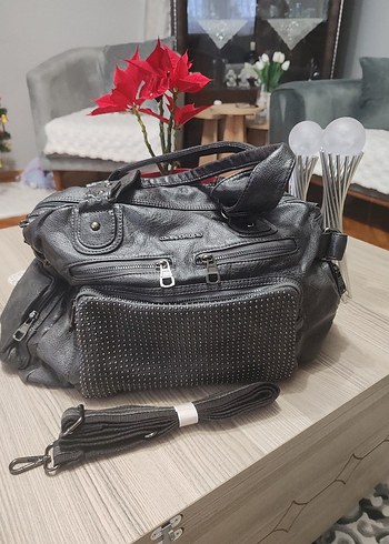 Gri Deri Kadın Çanta, Tokalı, yıkamalı deri - Görsel 3