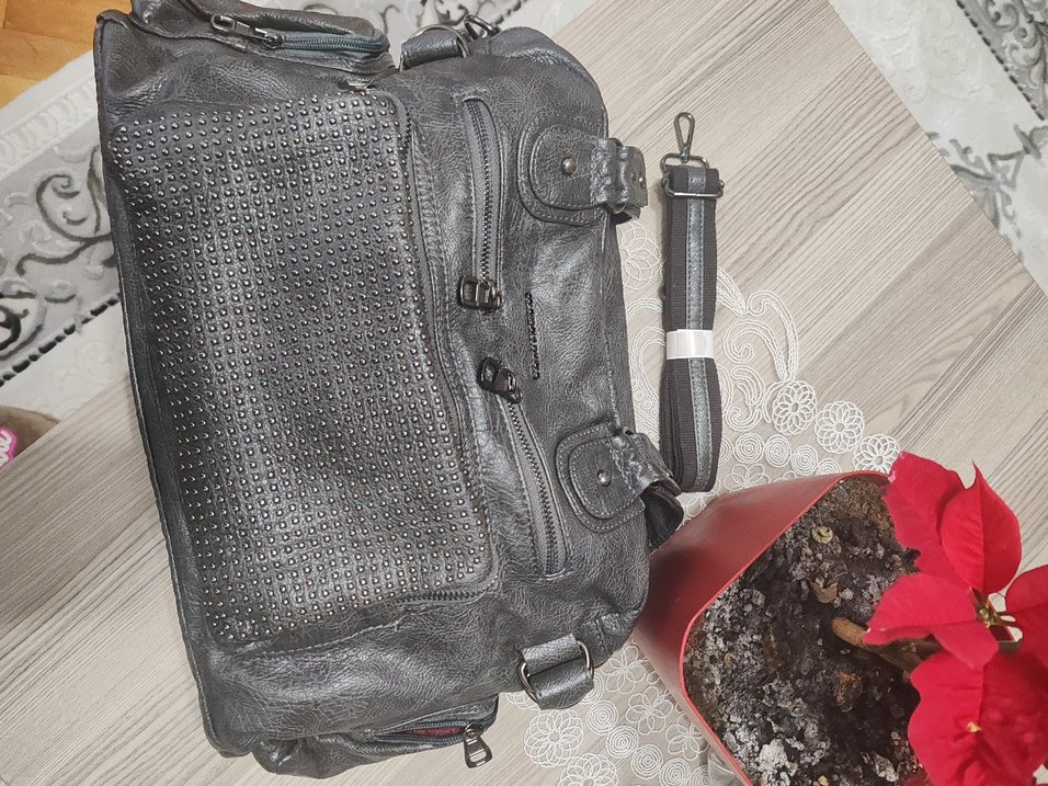 Gri Deri Kadın Çanta, Tokalı, yıkamalı deri - Görsel 2