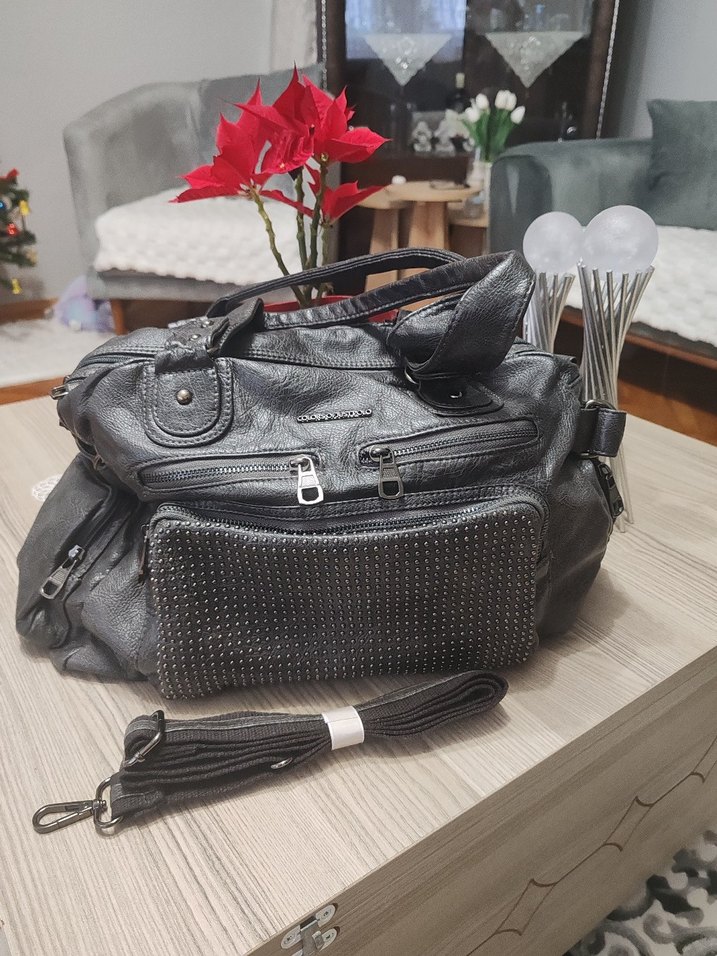 Gri Deri Kadın Çanta, Tokalı, yıkamalı deri - Görsel 3