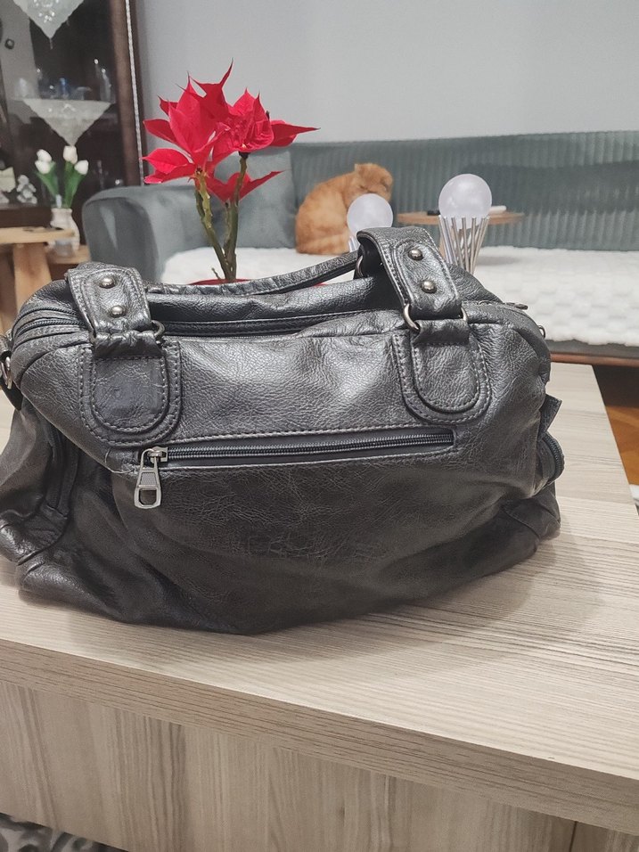 Gri Deri Kadın Çanta, Tokalı, yıkamalı deri - Görsel 4