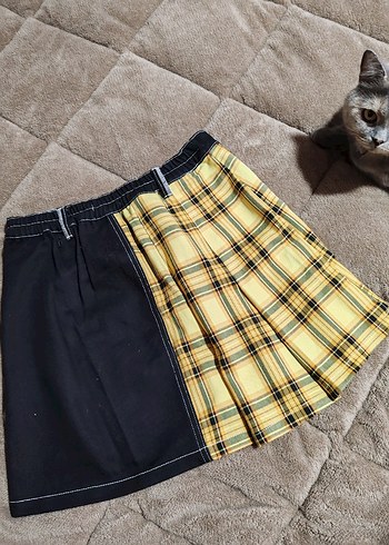 Sarı Ekose ve Siyah Parçalı Mini Etek - Görsel 3