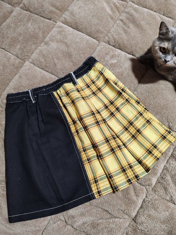 Sarı Ekose ve Siyah Parçalı Mini Etek - Görsel 3