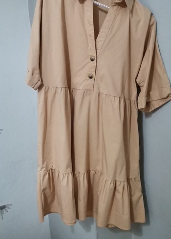 Bej Kısa Kollu Mini Keten Elbise - Görsel 3