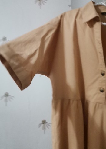 Bej Kısa Kollu Mini Keten Elbise - Görsel 4