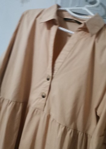 Bej Kısa Kollu Mini Keten Elbise - Görsel 2