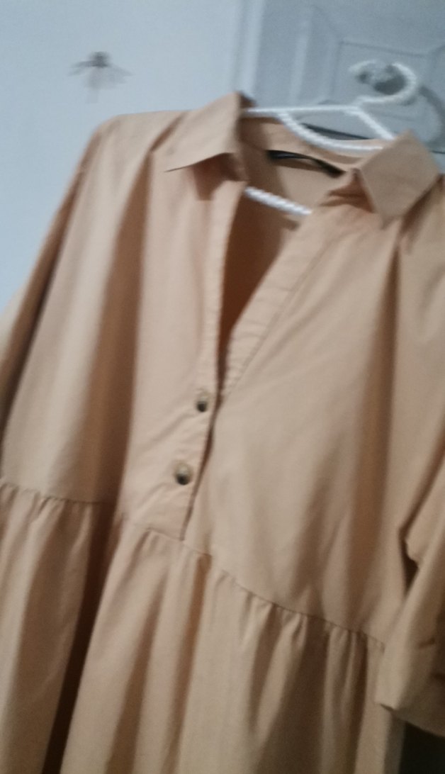 Bej Kısa Kollu Mini Keten Elbise - Görsel 2