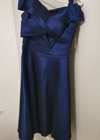 Parlak pafta kumaş Lacivert Kadın Uzun Abiye Elbise - Görsel 2