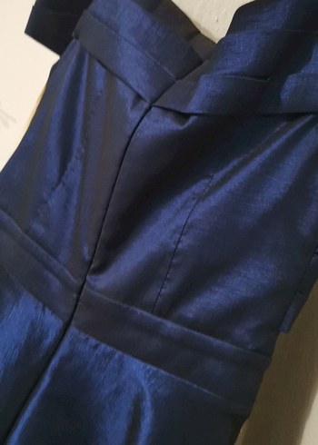 Parlak pafta kumaş Lacivert Kadın Uzun Abiye Elbise - Görsel 11