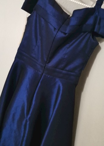 Parlak pafta kumaş Lacivert Kadın Uzun Abiye Elbise - Görsel 7