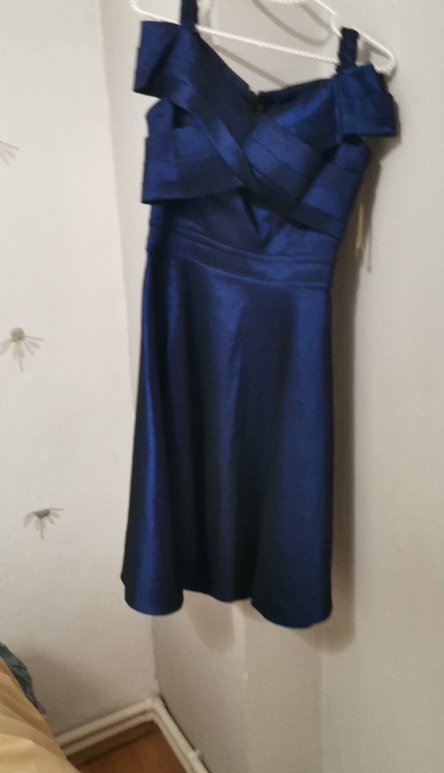 Parlak pafta kumaş Lacivert Kadın Uzun Abiye Elbise - Görsel 3