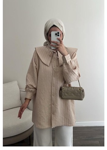 Bej Keten Mini Tunik, Salaş Kesim, Uzun Kollu
