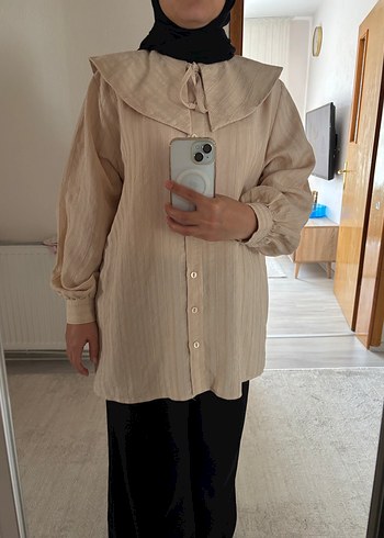diğer Beden ten rengi Renk Bej Keten Mini Tunik, Salaş Kesim, Uzun Kollu