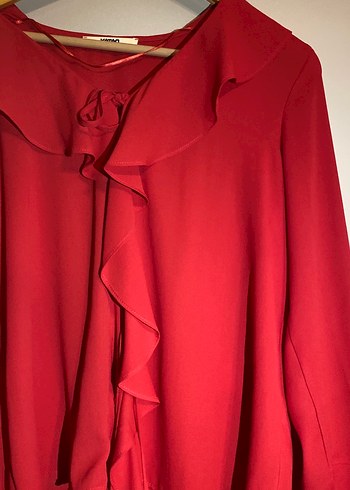 Kırmızı Fırfırlı V Yaka Kadın Bluz koton - Görsel 2