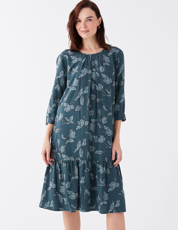 LCW Grace Ekru Bisiklet Yaka Desenli Elbise - Görsel 3