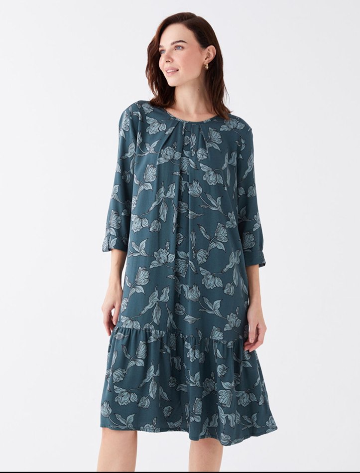 LCW Grace Ekru Bisiklet Yaka Desenli Elbise - Görsel 2